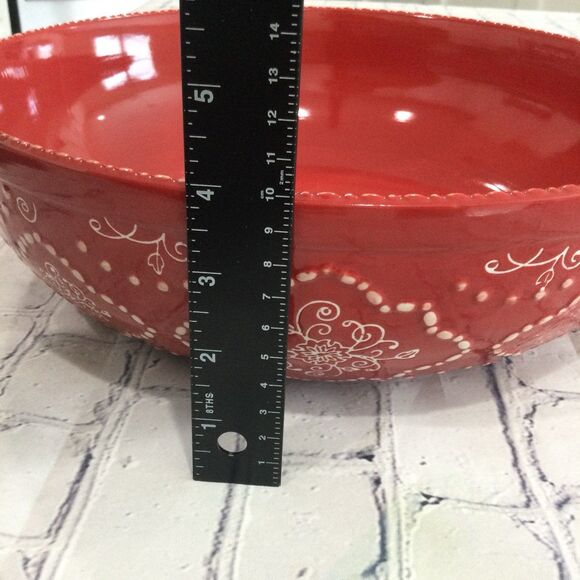 Temptations Ovenware Serving Bowl Swirls and Pearls 4.5 qt Red White by Tara - Picture 6 of 7